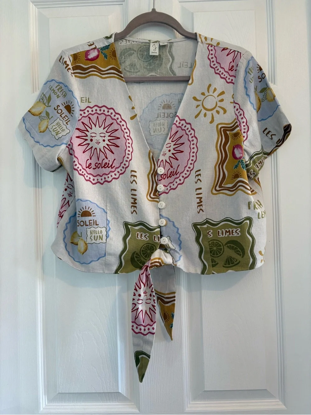 JOIE BLOUSE WOMEN 12 LE SOLEIL LEMONS LIMES LINED TOP BUTTON & WAIST TIE LINEN - Picture 1 of 8